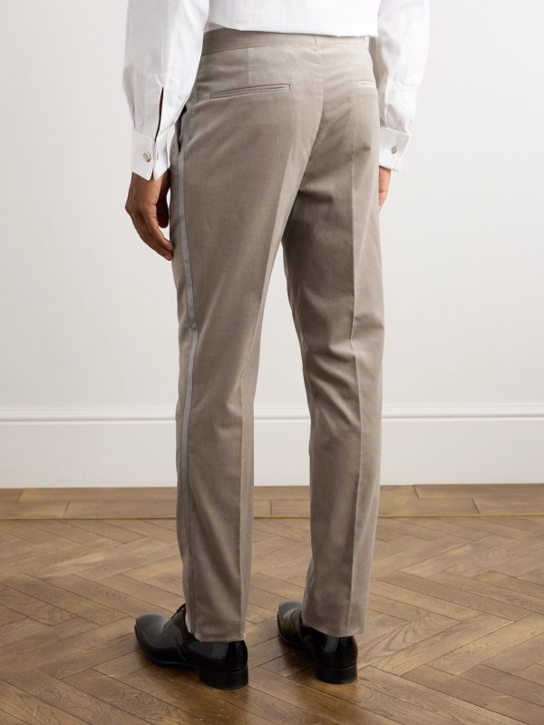 Straight-Leg Pleated Satin-Trimmed Cotton-Velvet Tuxedo Trousers - BK Straight-Leg Pleated Satin-Trimmed Cotton-Velvet Tuxedo Trousers - BK