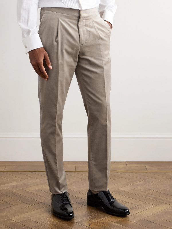 Straight-Leg Pleated Satin-Trimmed Cotton-Velvet Tuxedo Trousers - FR Straight-Leg Pleated Satin-Trimmed Cotton-Velvet Tuxedo Trousers - FR
