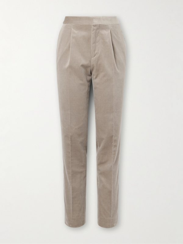 Straight-Leg Pleated Satin-Trimmed Cotton-Velvet Tuxedo Trousers Straight-Leg Pleated Satin-Trimmed Cotton-Velvet Tuxedo Trousers