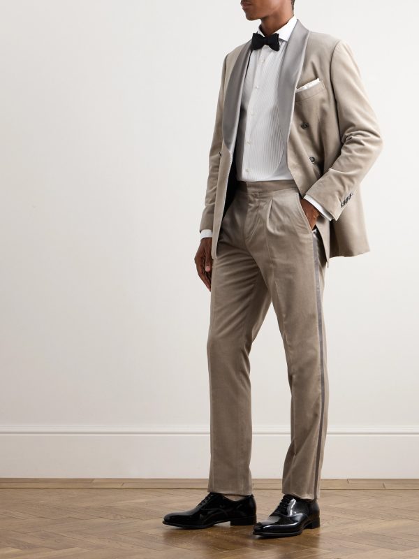 Straight-Leg Pleated Satin-Trimmed Cotton-Velvet Tuxedo Trousers - OU Straight-Leg Pleated Satin-Trimmed Cotton-Velvet Tuxedo Trousers - OU