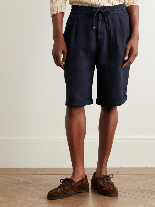 Straight-Leg Pleated Linen Drawstring Bermuda Shorts - FR Straight-Leg Pleated Linen Drawstring Bermuda Shorts - FR