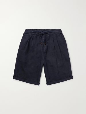 Straight-Leg Pleated Linen Drawstring Bermuda Shorts