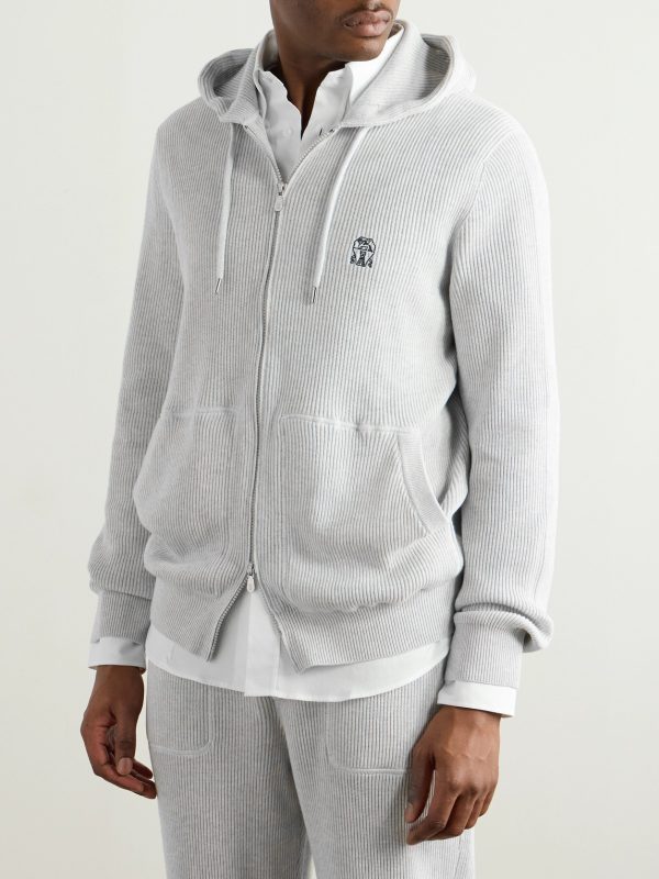 Logo-Embroidered Ribbed Cotton Zip-Up Hoodie - FR