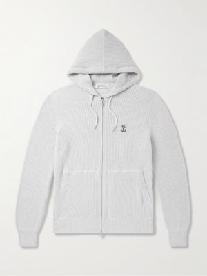 Logo-Embroidered Ribbed Cotton Zip-Up Hoodie Logo-Embroidered Ribbed Cotton Zip-Up Hoodie