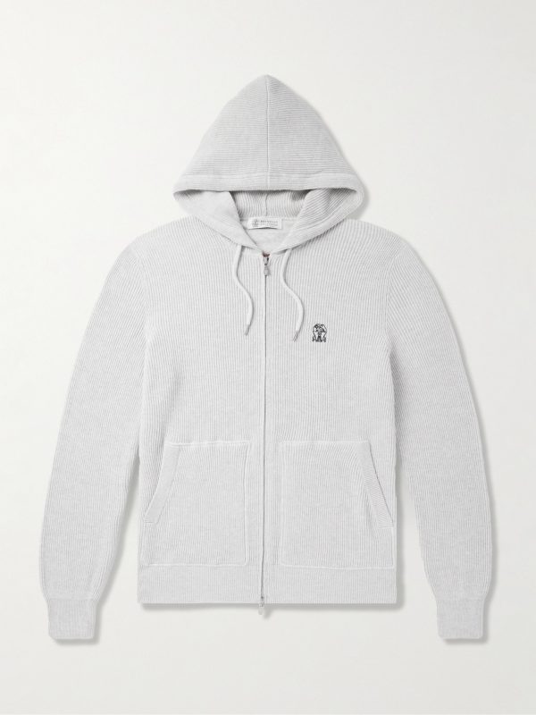 Logo-Embroidered Ribbed Cotton Zip-Up Hoodie