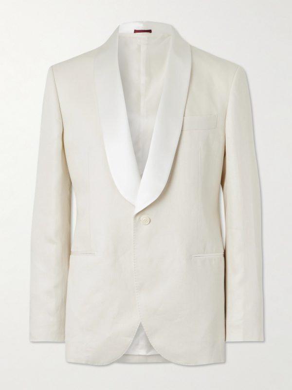 Shawl-Lapel Satin-Trimmed Linen Tuxedo Jacket