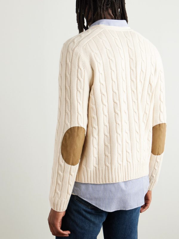 Slim-Fit Logo-Embroidered Cable-Knit Suede-Trimmed Cashmere Cardigan - BK Slim-Fit Logo-Embroidered Cable-Knit Suede-Trimmed Cashmere Cardigan - BK
