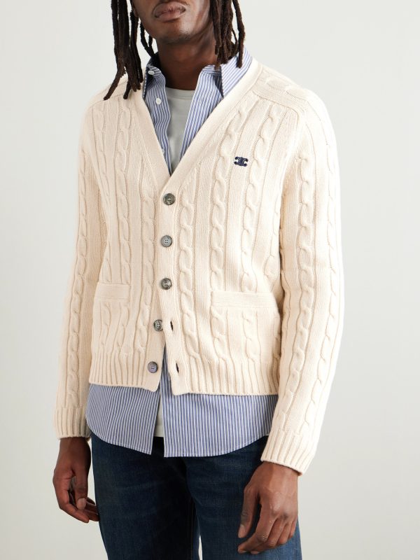 Slim-Fit Logo-Embroidered Cable-Knit Suede-Trimmed Cashmere Cardigan - FR Slim-Fit Logo-Embroidered Cable-Knit Suede-Trimmed Cashmere Cardigan - FR
