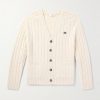 Slim-Fit Logo-Embroidered Cable-Knit Suede-Trimmed Cashmere Cardigan Slim-Fit Logo-Embroidered Cable-Knit Suede-Trimmed Cashmere Cardigan
