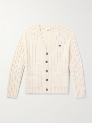 Slim-Fit Logo-Embroidered Cable-Knit Suede-Trimmed Cashmere Cardigan Slim-Fit Logo-Embroidered Cable-Knit Suede-Trimmed Cashmere Cardigan