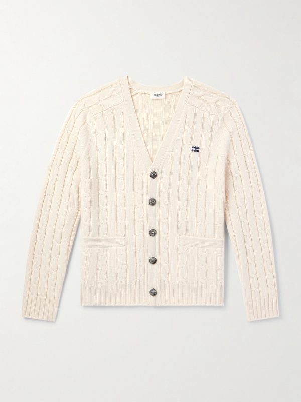 Slim-Fit Logo-Embroidered Cable-Knit Suede-Trimmed Cashmere Cardigan Slim-Fit Logo-Embroidered Cable-Knit Suede-Trimmed Cashmere Cardigan