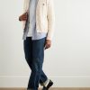 Slim-Fit Logo-Embroidered Cable-Knit Suede-Trimmed Cashmere Cardigan - OU Slim-Fit Logo-Embroidered Cable-Knit Suede-Trimmed Cashmere Cardigan - OU