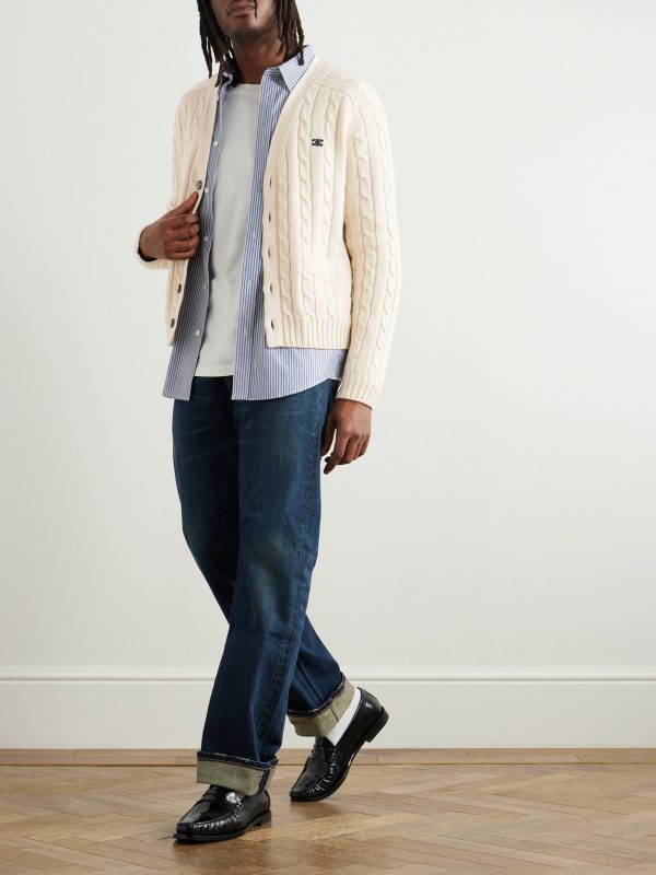 Slim-Fit Logo-Embroidered Cable-Knit Suede-Trimmed Cashmere Cardigan - OU Slim-Fit Logo-Embroidered Cable-Knit Suede-Trimmed Cashmere Cardigan - OU