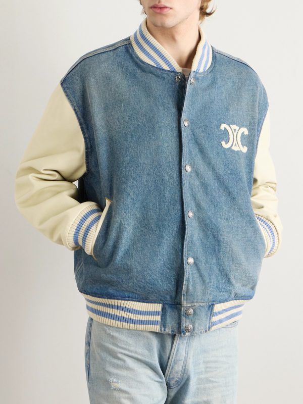 Teddy Logo-Appliquéd Leather-Trimmed Denim Bomber Jacket - FR Teddy Logo-Appliquéd Leather-Trimmed Denim Bomber Jacket - FR