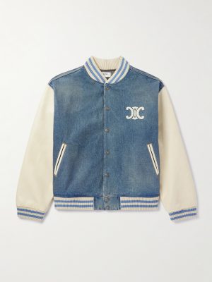 Teddy Logo-Appliquéd Leather-Trimmed Denim Bomber Jacket