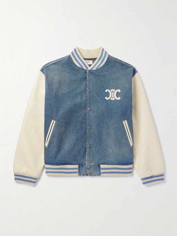 Teddy Logo-Appliquéd Leather-Trimmed Denim Bomber Jacket Teddy Logo-Appliquéd Leather-Trimmed Denim Bomber Jacket