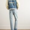 Teddy Logo-Appliquéd Leather-Trimmed Denim Bomber Jacket - OU Teddy Logo-Appliquéd Leather-Trimmed Denim Bomber Jacket - OU