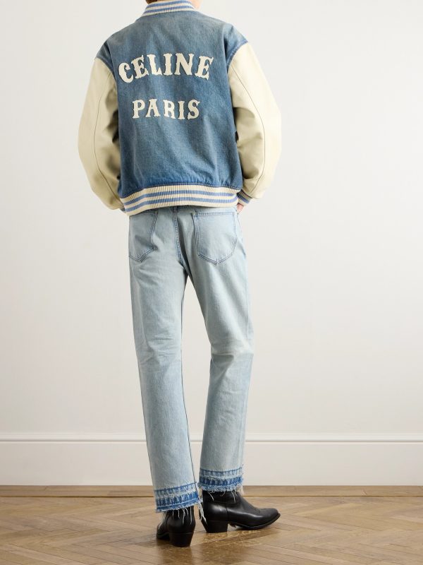 Teddy Logo-Appliquéd Leather-Trimmed Denim Bomber Jacket - OU Teddy Logo-Appliquéd Leather-Trimmed Denim Bomber Jacket - OU