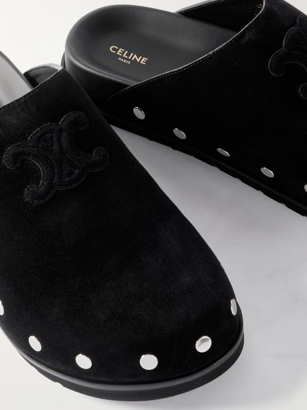 Triomphe Logo-Appliquéd Studded Suede Mules - CU Triomphe Logo-Appliquéd Studded Suede Mules - CU