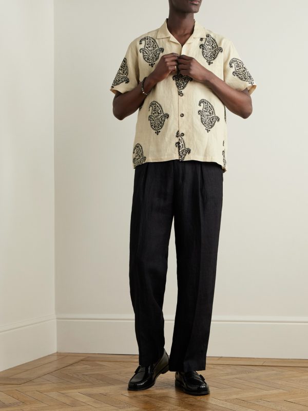 Camp-Collar Paisley-Print Linen Shirt - OU Camp-Collar Paisley-Print Linen Shirt - OU