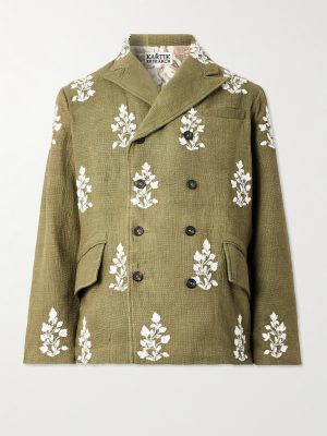 Double-Breasted Embellished Embroidered Kantha Cotton Blazer