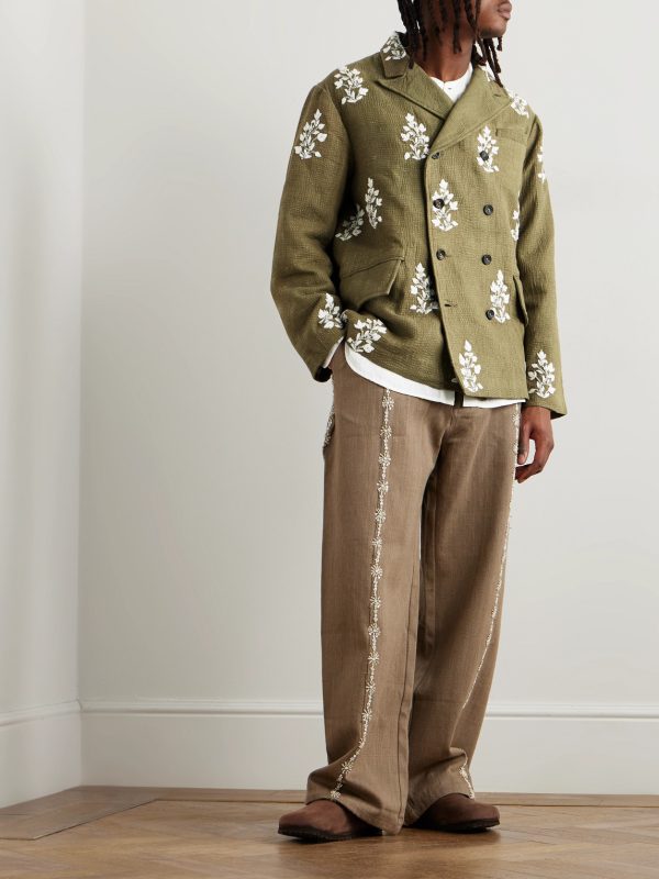 Double-Breasted Embellished Embroidered Kantha Cotton Blazer - OU Double-Breasted Embellished Embroidered Kantha Cotton Blazer - OU
