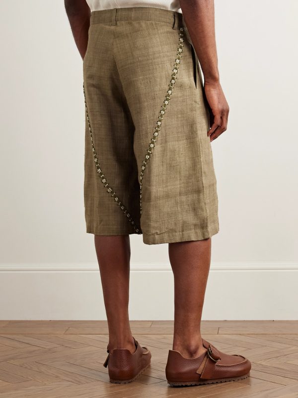 Straight-Leg Embellished Slub Silk-Voile Shorts - BK Straight-Leg Embellished Slub Silk-Voile Shorts - BK
