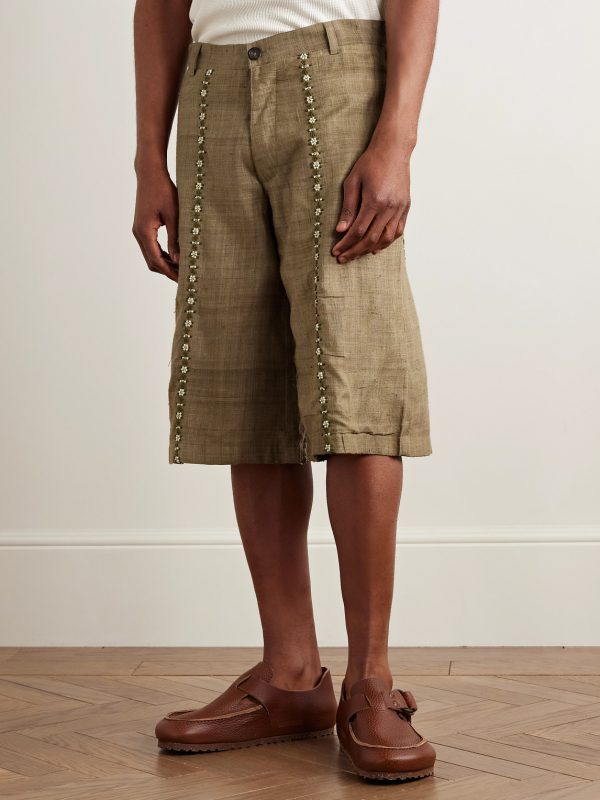 Straight-Leg Embellished Slub Silk-Voile Shorts - FR Straight-Leg Embellished Slub Silk-Voile Shorts - FR