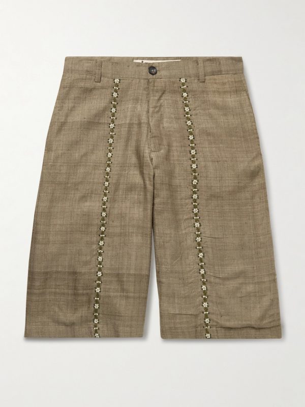 Straight-Leg Embellished Slub Silk-Voile Shorts Straight-Leg Embellished Slub Silk-Voile Shorts