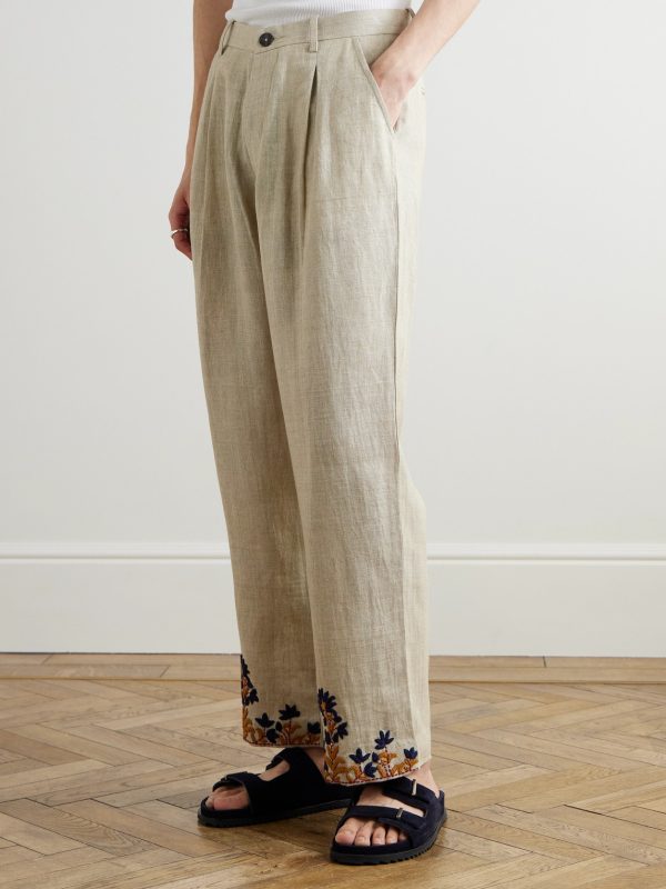 Straight-Leg Embroidered Linen Trousers - FR Straight-Leg Embroidered Linen Trousers - FR