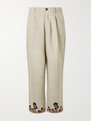 Straight-Leg Embroidered Linen Trousers