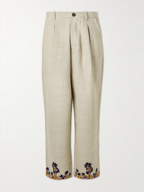 Straight-Leg Embroidered Linen Trousers Straight-Leg Embroidered Linen Trousers