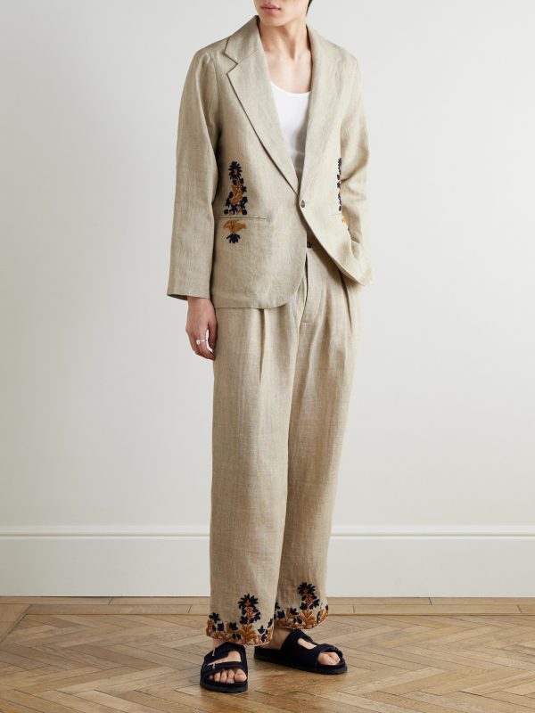 Straight-Leg Embroidered Linen Trousers - OU Straight-Leg Embroidered Linen Trousers - OU