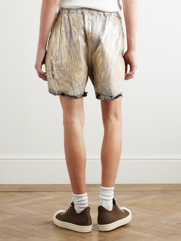 Blister Straight-Leg Frayed Metallic Megacrust Stretch-Denim Drawstring Shorts - BK