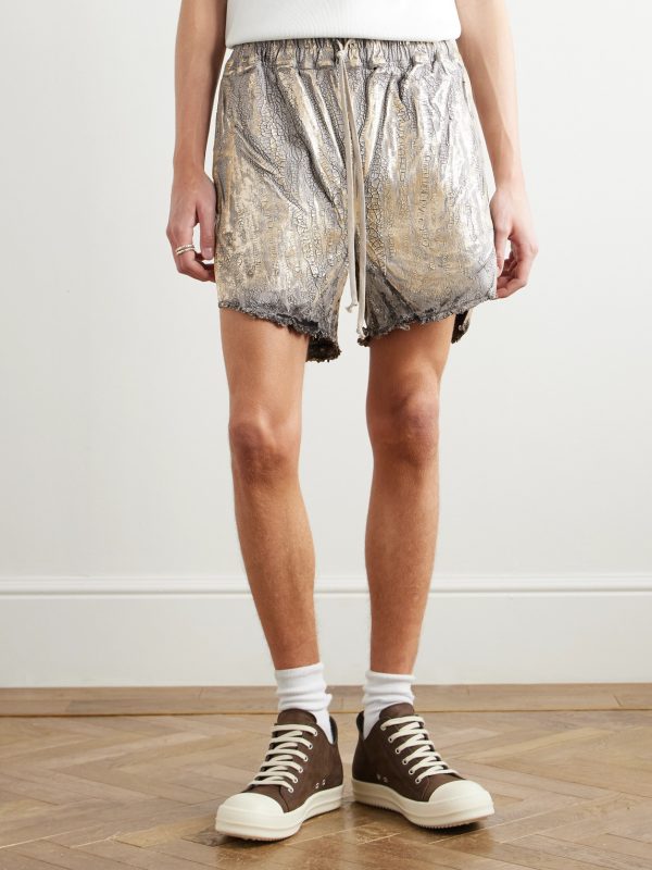 Blister Straight-Leg Frayed Metallic Megacrust Stretch-Denim Drawstring Shorts - FR
