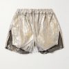 Blister Straight-Leg Frayed Metallic Megacrust Stretch-Denim Drawstring Shorts
