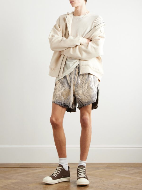 Blister Straight-Leg Frayed Metallic Megacrust Stretch-Denim Drawstring Shorts - OU