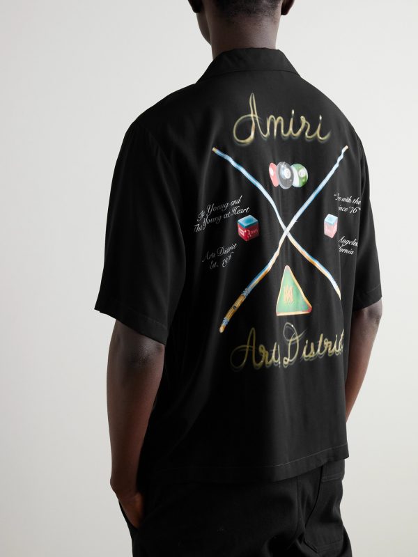 Pool Cue Convertible-Collar Logo-Print Matte-Satin Shirt - BK