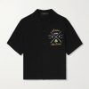 Pool Cue Convertible-Collar Logo-Print Matte-Satin Shirt