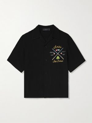 Pool Cue Convertible-Collar Logo-Print Matte-Satin Shirt Pool Cue Convertible-Collar Logo-Print Matte-Satin Shirt