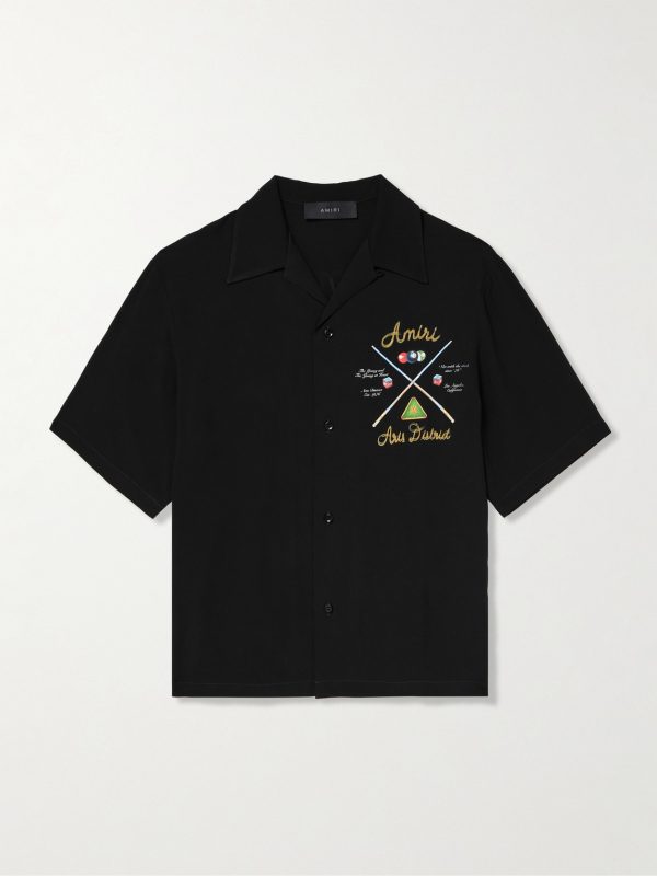 Pool Cue Convertible-Collar Logo-Print Matte-Satin Shirt