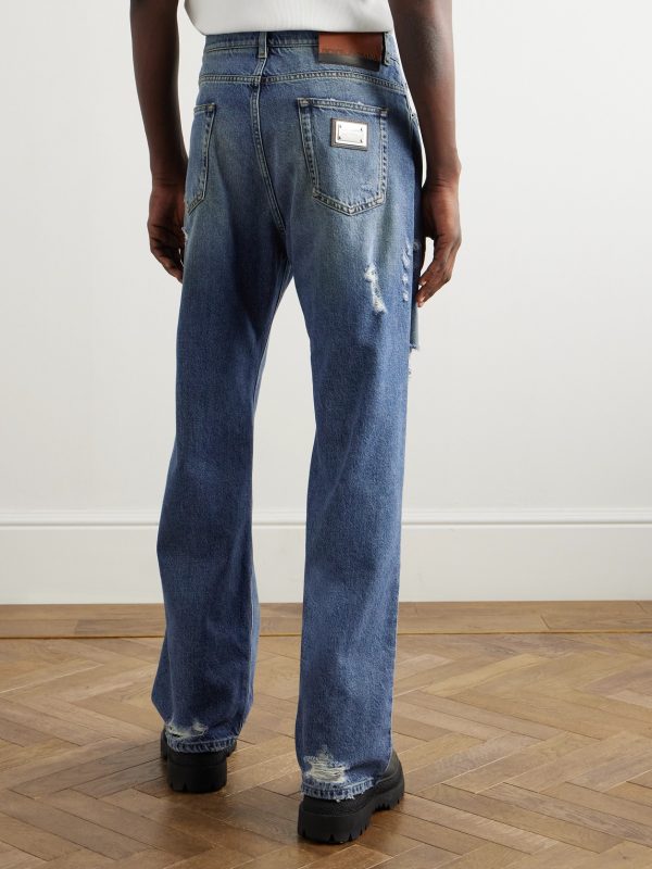 Straight-Leg Logo-Appliquéd Distressed Jeans - BK Straight-Leg Logo-Appliquéd Distressed Jeans - BK