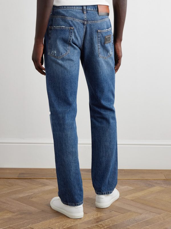 Straight-Leg Distressed Logo-Appliquéd Jeans - BK Straight-Leg Distressed Logo-Appliquéd Jeans - BK