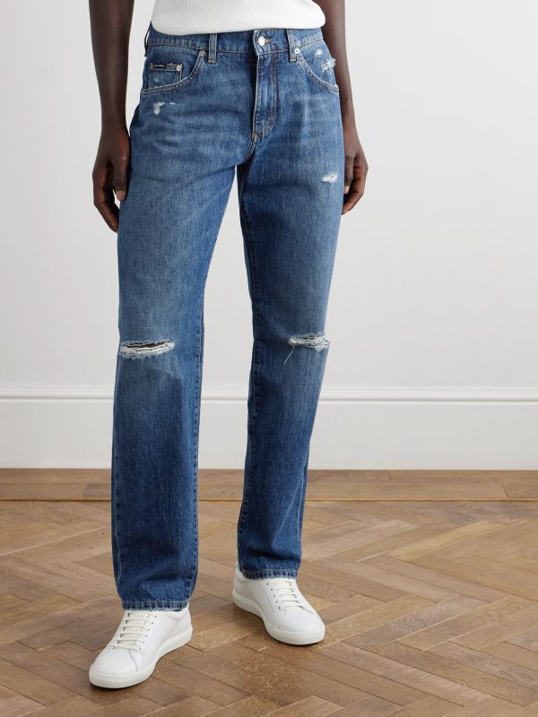 Straight-Leg Distressed Logo-Appliquéd Jeans - FR Straight-Leg Distressed Logo-Appliquéd Jeans - FR