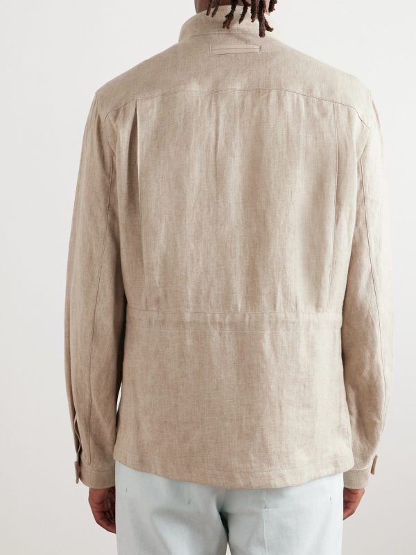 Leather-Trimmed Linen Overshirt - BK Leather-Trimmed Linen Overshirt - BK