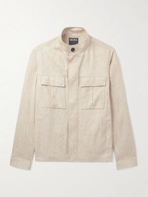 Leather-Trimmed Linen Overshirt Leather-Trimmed Linen Overshirt