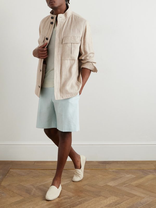 Leather-Trimmed Linen Overshirt - OU Leather-Trimmed Linen Overshirt - OU