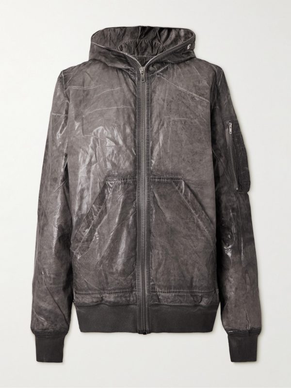 Garment-Dyed Foil Coated Cotton-Poplin Hooded Bomber Jacket Garment-Dyed Foil Coated Cotton-Poplin Hooded Bomber Jacket
