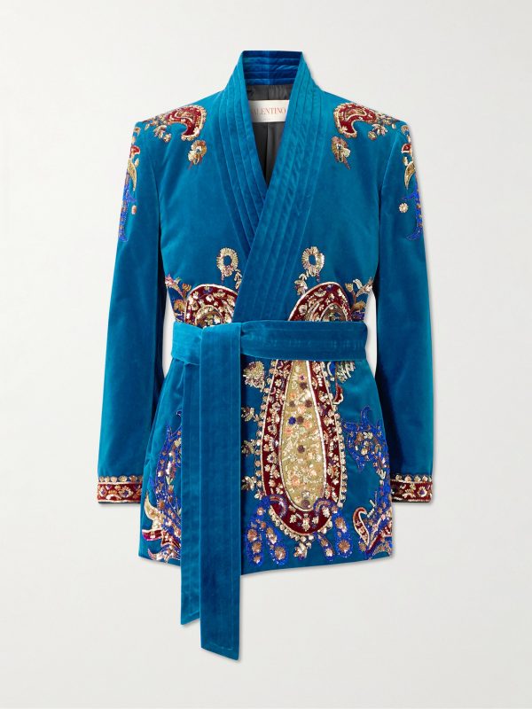 Belted Sequin-Embellished Cotton-Velvet Jacket