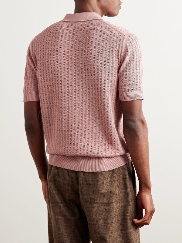 Striped Pointelle-Knit Silk and Linen-Blend Polo Shirt - BK Striped Pointelle-Knit Silk and Linen-Blend Polo Shirt - BK